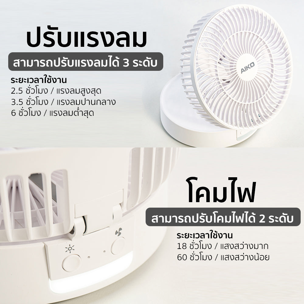 พัดลม ชาร์จไฟ 6 นิ้ว พร้อมโคมไฟ Rechargeable Fan with Lamp | KN-L2826 สีขาว