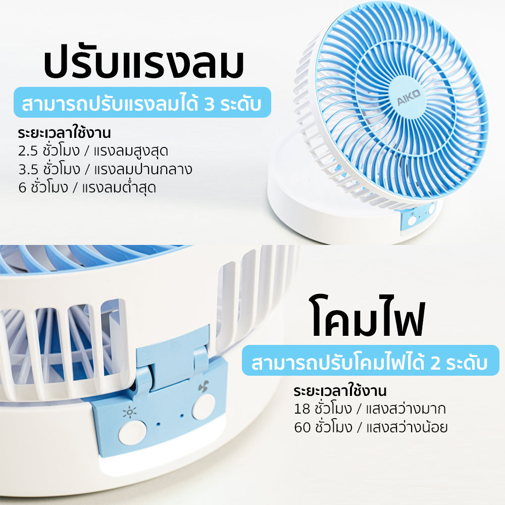 พัดลม ชาร์จไฟ 6 นิ้ว พร้อมโคมไฟ Rechargeable Fan with Lamp | KN-L2826 สีฟ้า