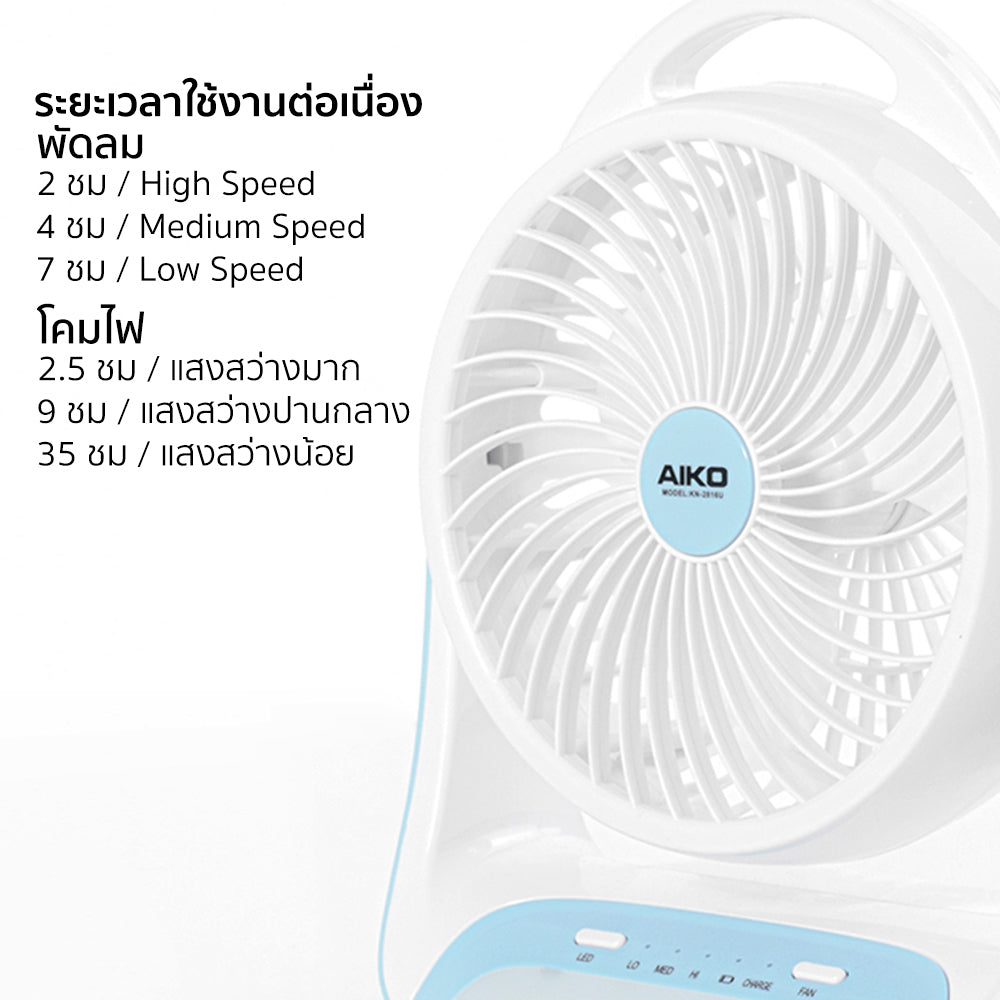 พัดลม ชาร์จไฟ 6 นิ้ว พร้อมโคมไฟ Rechargeable Fan | KN-2816U สีฟ้า