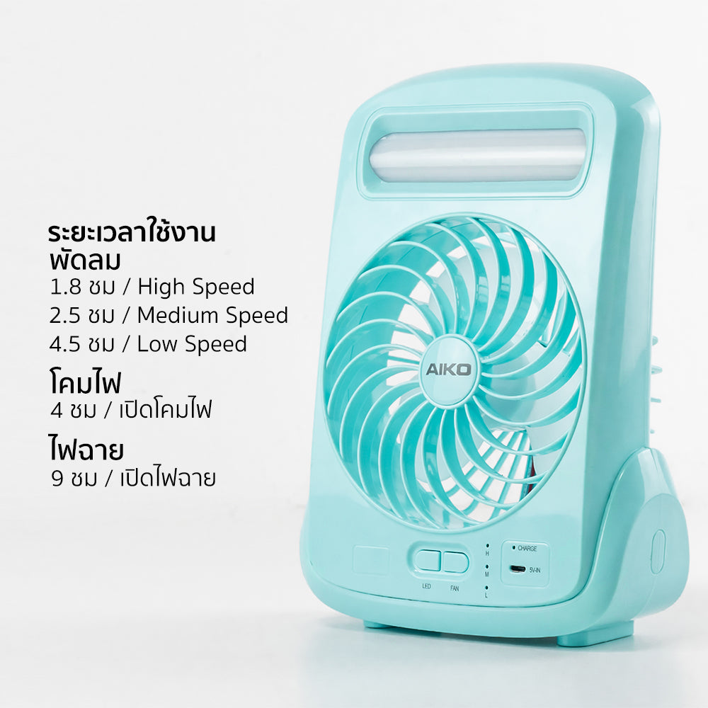 พัดลมชาร์จไฟ พร้อมโคมไฟ Rechargeable Fan | KN-2825 สีฟ้า