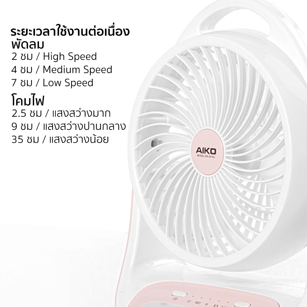 พัดลม ชาร์จไฟ 6 นิ้ว พร้อมโคมไฟ Rechargeable Fan | KN-2816U สีชมพู