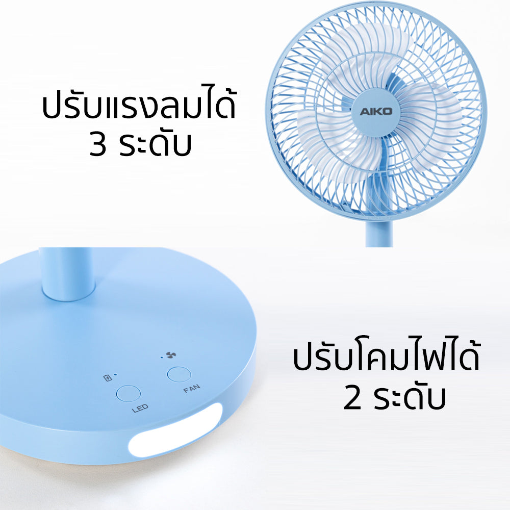 พัดลม ชาร์จไฟ 7 นิ้ว พร้อมโคมไฟ Rechargeable Fan with Lamp | KN-2827 สีฟ้า