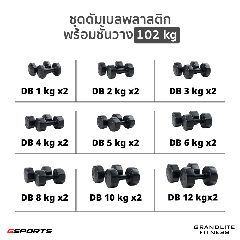ชุดดัมเบลพลาสติก พร้อมชั้นวาง 102 kg Dumbbell with Rack