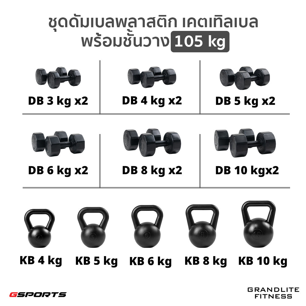 ชุดดัมเบลพลาสติก เคตเทิลเบล พร้อมชั้นวาง 105 kg Dumbbell+Kettlebell with Rack