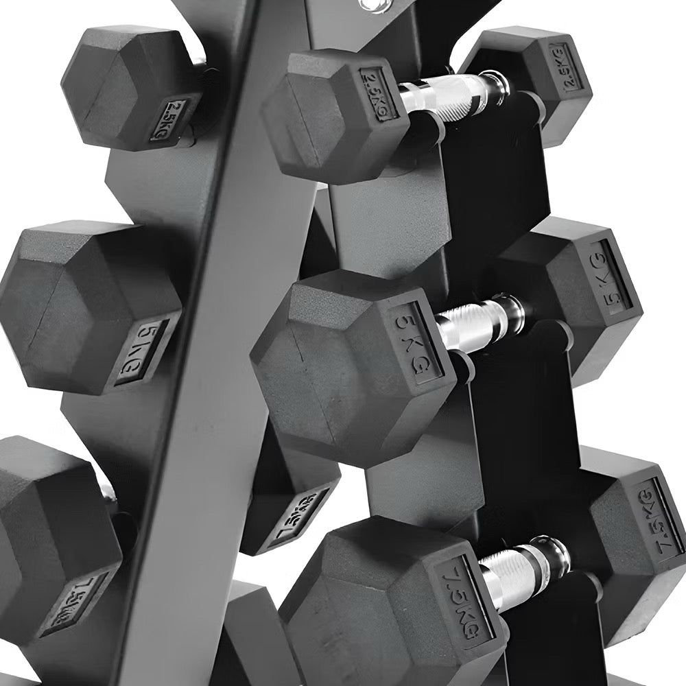 ชุดดัมเบลเหล็กหกเหลี่ยม  พร้อมชั้นวาง 6 คู่ 105kg Hex Rubber Dumbbell Set with Rack