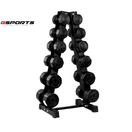 ดัมเบลพลาสติกสีดำ ชั้นวางดัมเบล Dumbbell Set with 6-Pair A-Shaped Rack