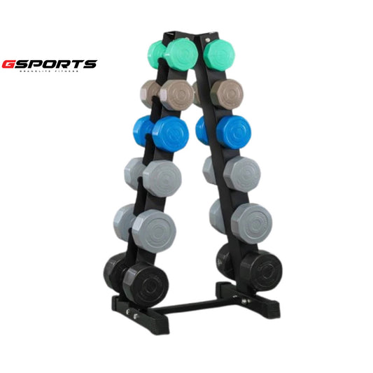 ดัมเบลพลาสติกสี ชั้นวางดัมเบล Dumbbell Set with 6-Pair A-Shaped Rack