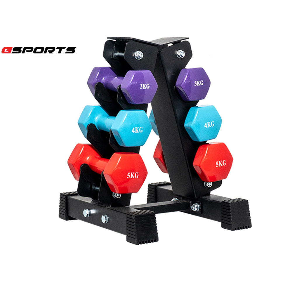 ชุดดัมเบลเหล็กหุ้มไวนิล พร้อมชั้นวาง (3,4,5kg) Dumbbell Set with 3-Pair A-Shaped Rack