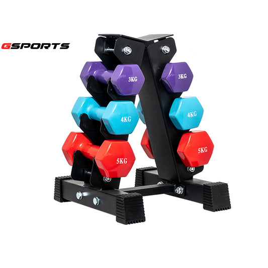 ชุดดัมเบลเหล็กหุ้มไวนิล พร้อมชั้นวาง (3,4,5kg) Dumbbell Set with 3-Pair A-Shaped Rack