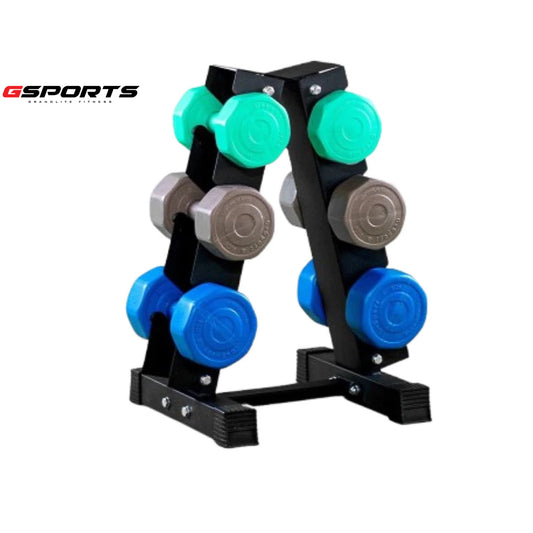 ดัมเบลพลาสติกสี ชั้นวางดัมเบล Dumbbell Set with 3-Pair A-Shaped Rack