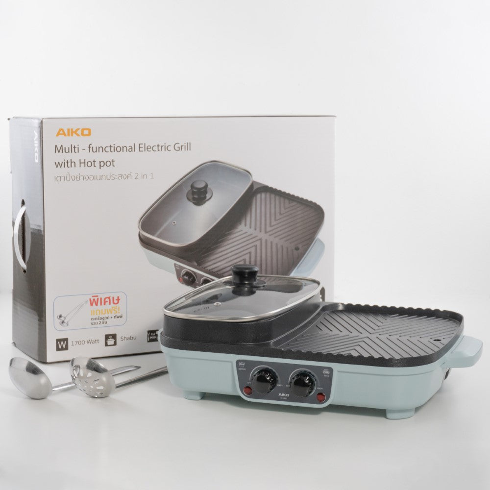 เตาปิ้งย่าง กระทะย่างไฟฟ้า BBQ พร้อมหม้อชาบู 2 ช่อง | AK-K3832 สีฟ้า