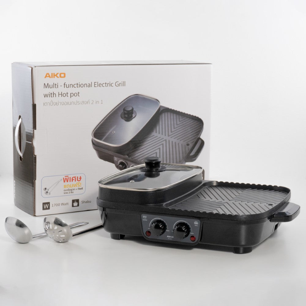 เตาปิ้งย่าง กระทะย่างไฟฟ้า BBQ พร้อมหม้อชาบู 2 ช่อง |  AK-K3832 สีดำ
